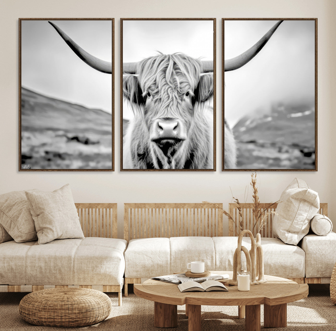 80564-MGV-FC-60X30-3P_Walnut-Highland Cow Wall Art – Black and White Scottish Highland Canvas Print, Rustic Farmhouse Decor for Living Room, Bedroom or Office