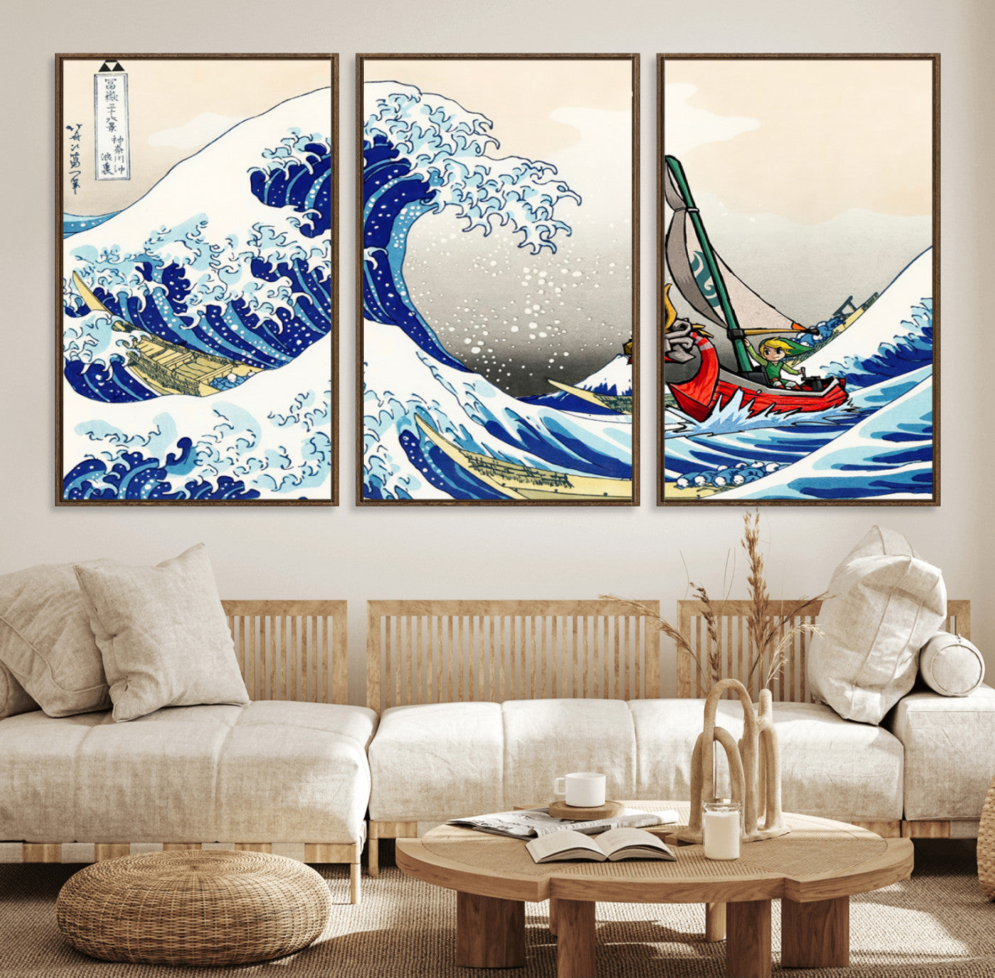 19450-MGV-FC-60X30-3P_Walnut-Great Wave Adventure Wall Art – Japanese Style Ocean Canvas Print, Fantasy Sailing Decor for Living Room, Bedroom or Office