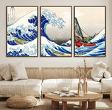 19450-MGV-FC-60X30-3P_Walnut-Great Wave Adventure Wall Art – Japanese Style Ocean Canvas Print, Fantasy Sailing Decor for Living Room, Bedroom or Office