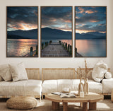 20442-MGV-FC-60X30-3P_Walnut-Lakeside Sunset Dock Wall Art – Peaceful Mountain Lake Canvas Print, Serene Nature Landscape Decor for Living Room, Bedroom or
