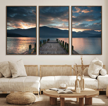 20442-MGV-FC-60X30-3P_Walnut-Lakeside Sunset Dock Wall Art – Peaceful Mountain Lake Canvas Print, Serene Nature Landscape Decor for Living Room, Bedroom or