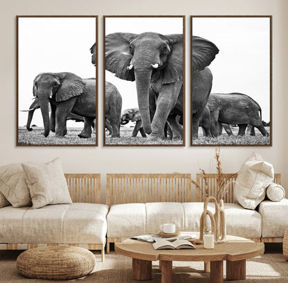 91685-MGV-FC-60X30-3P_Walnut-Elephant Herd Wall Art – Black and White Safari Canvas Print, African Wildlife Photography Decor for Living Room, Office or