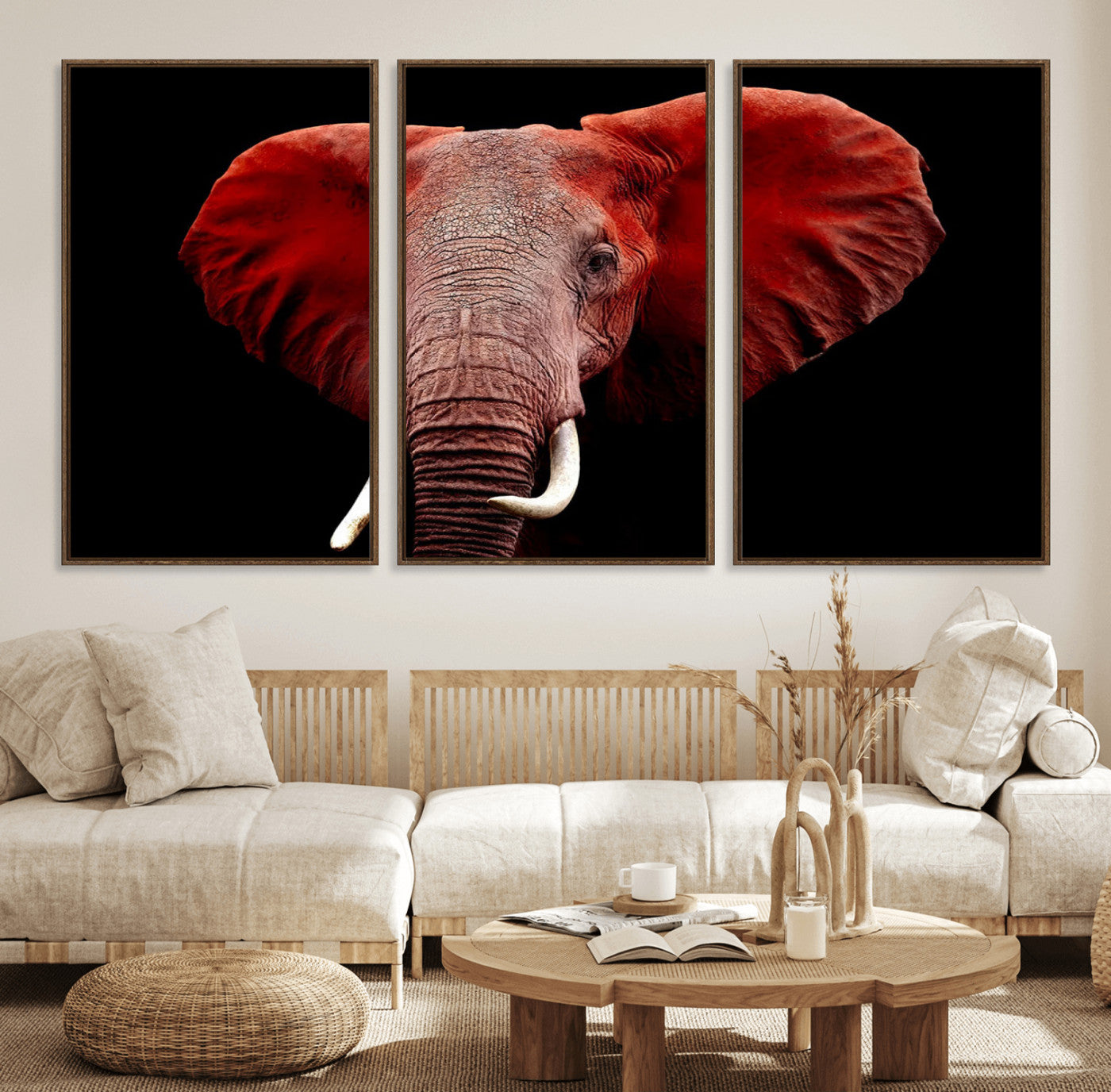 14788-MGV-FC-60X30-3P_Walnut-Red Elephant Wall Art – Bold Wildlife Canvas Print, African Safari Animal Decor for Living Room, Bedroom or Office