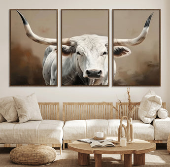 61423-MGV-FC-60X30-3P_Walnut-Longhorn Bull Wall Art – Rustic Western Texas Steer Canvas Print, Cowboy Farmhouse Decor for Living Room, Bedroom, Office or Ranch