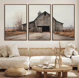 11602-MGV-FC-60X30-3P_Walnut-Old Barn Wall Art Canvas Print, Framed Rustic Barn Art Picture Print, Old Farmhouse Perfect Rustic Farmhouse Decor Artwork