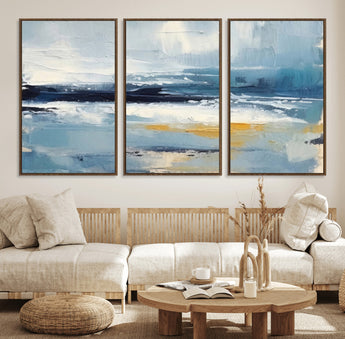 19746-MGV-FC-60X30-3P_Walnut-Abstract Ocean Wall Art – Modern Coastal Canvas Print with Blue, White and Gold Textures, Contemporary Seascape Painting for