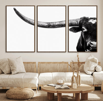 31699-MGV-FC-60X30-3P_Walnut-Longhorn Wall Art – Black and White Texas Longhorn Cow Canvas Print, Rustic Western Farmhouse Artwork for Living Room, Bedroom or