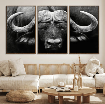 75273-MGV-FC-60X30-3P_Walnut-Buffalo Wall Art – Black and White African Buffalo Canvas Print, Rustic Wildlife Animal Artwork for Farmhouse, Living Room,