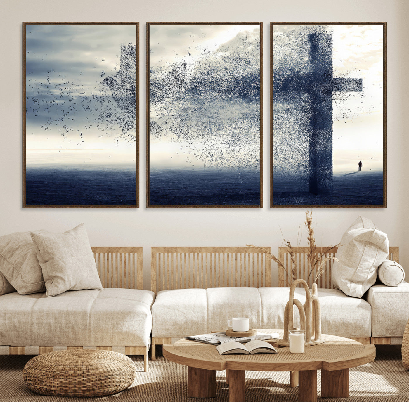 55718-MGV-FC-60X30-3P_Walnut-Surreal Cross Wall Art – Spiritual Faith Canvas Print, Abstract Christian Artwork with Modern Religious Symbol for Living Room,