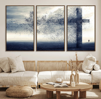 55718-MGV-FC-60X30-3P_Walnut-Surreal Cross Wall Art – Spiritual Faith Canvas Print, Abstract Christian Artwork with Modern Religious Symbol for Living Room,