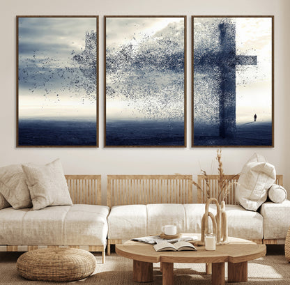 55718-MGV-FC-60X30-3P_Walnut-Surreal Cross Wall Art – Spiritual Faith Canvas Print, Abstract Christian Artwork with Modern Religious Symbol for Living Room,