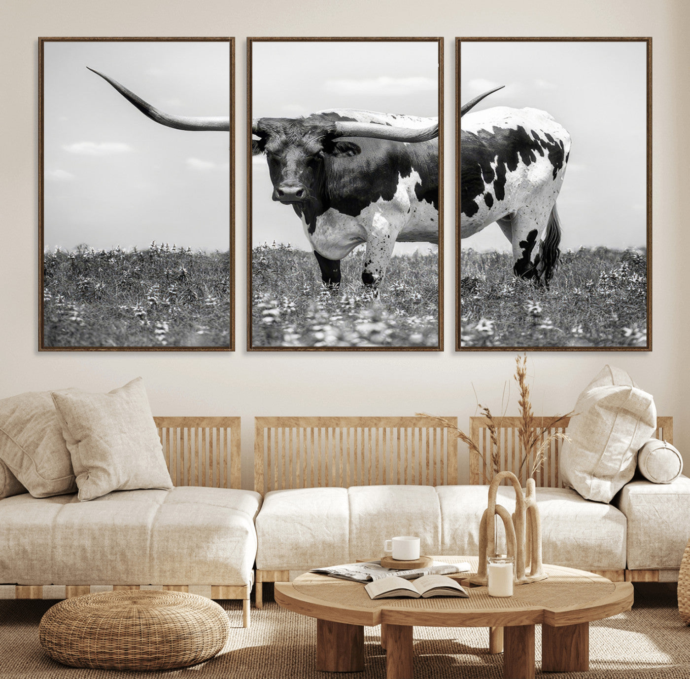 94709-MGV-FC-60X30-3P_Walnut-Texas Longhorn Wall Art – Black and White Bull Photography Canvas Print, Western Farmhouse Wall Decor for Living Room, Office or