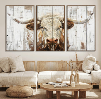 71551-MGV-FC-60X30-3P_Walnut-Longhorn Bull Wall Art – Rustic Western Cow Canvas Print, Farmhouse Animal Painting with Wood Plank Style for Living Room, Office