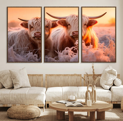 68253-MGV-CV-36X24-Highland Cow Wall Art – Rustic Farmhouse Cattle Canvas Print, Frosty Sunset Animal Artwork for Living Room, Bedroom or Country