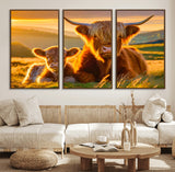 20567-MGV-FC-60X30-3P_Walnut-Highland Cow and Calf Wall Art – Rustic Farmhouse Sunset Cattle Canvas Print, Country Animal Artwork for Living Room, Bedroom, or