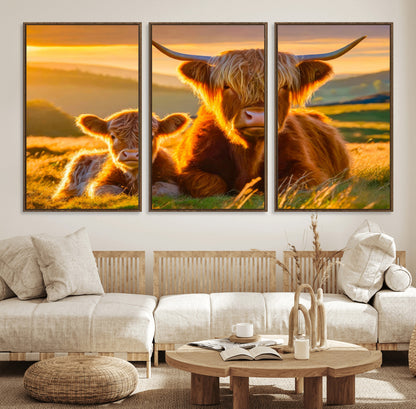 20567-MGV-FC-60X30-3P_Walnut-Highland Cow and Calf Wall Art – Rustic Farmhouse Sunset Cattle Canvas Print, Country Animal Artwork for Living Room, Bedroom, or