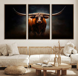 48896-MGV-FC-60X30-3P_Walnut-Texas Longhorn Wall Art – Rustic Western Bull Canvas Print and Farmhouse Cattle Painting for Living Room, Ranch, or Office Decor .