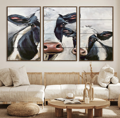 28934-MGV-FC-60X30-3P_Walnut-Farmhouse Cow Wall Art – Rustic Black and White Dairy Cattle Canvas Print, Country Barn Animal Painting for Kitchen, Living Room