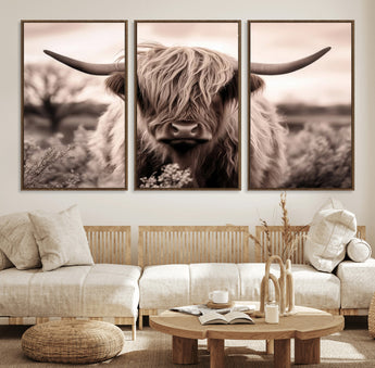 55903-MGV-FC-60X30-3P_Walnut-Highland Cow Wall Art – Rustic Sepia Scottish Highland Bull Canvas Print, Farmhouse Country Animal Decor for Living Room, Bedroom