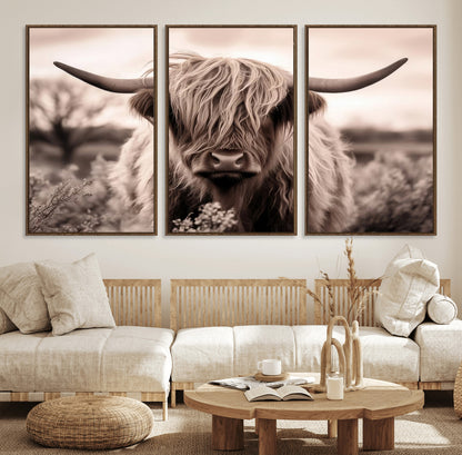55903-MGV-FC-60X30-3P_Walnut-Highland Cow Wall Art – Rustic Sepia Scottish Highland Bull Canvas Print, Farmhouse Country Animal Decor for Living Room, Bedroom