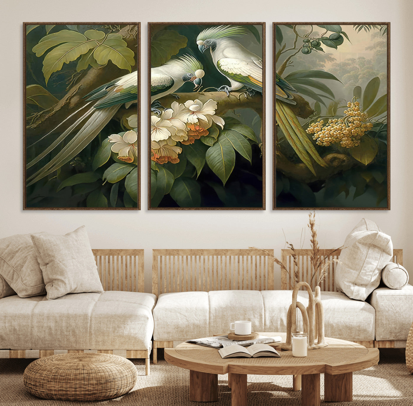 84047-MGV-FC-60X30-3P_Walnut-Tropical Birds Wall Art – Elegant Botanical Canvas Print, Exotic Nature Decor for Living Room, Bedroom or Office