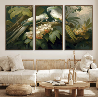 84047-MGV-FC-60X30-3P_Walnut-Tropical Birds Wall Art – Elegant Botanical Canvas Print, Exotic Nature Decor for Living Room, Bedroom or Office