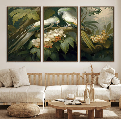 84047-MGV-FC-60X30-3P_Walnut-Tropical Birds Wall Art – Elegant Botanical Canvas Print, Exotic Nature Decor for Living Room, Bedroom or Office