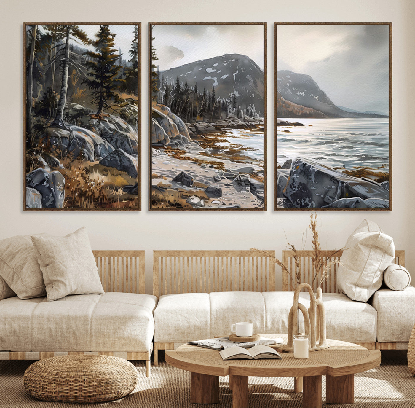 41281-MGV-CV-36X24-Rocky Shoreline Wall Art – Panoramic Mountain Coast and Forest Canvas Print, Rustic Nature Landscape Decor for Cabin, Lodge, or