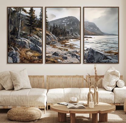 41281-MGV-CV-36X24-Rocky Shoreline Wall Art – Panoramic Mountain Coast and Forest Canvas Print, Rustic Nature Landscape Decor for Cabin, Lodge, or