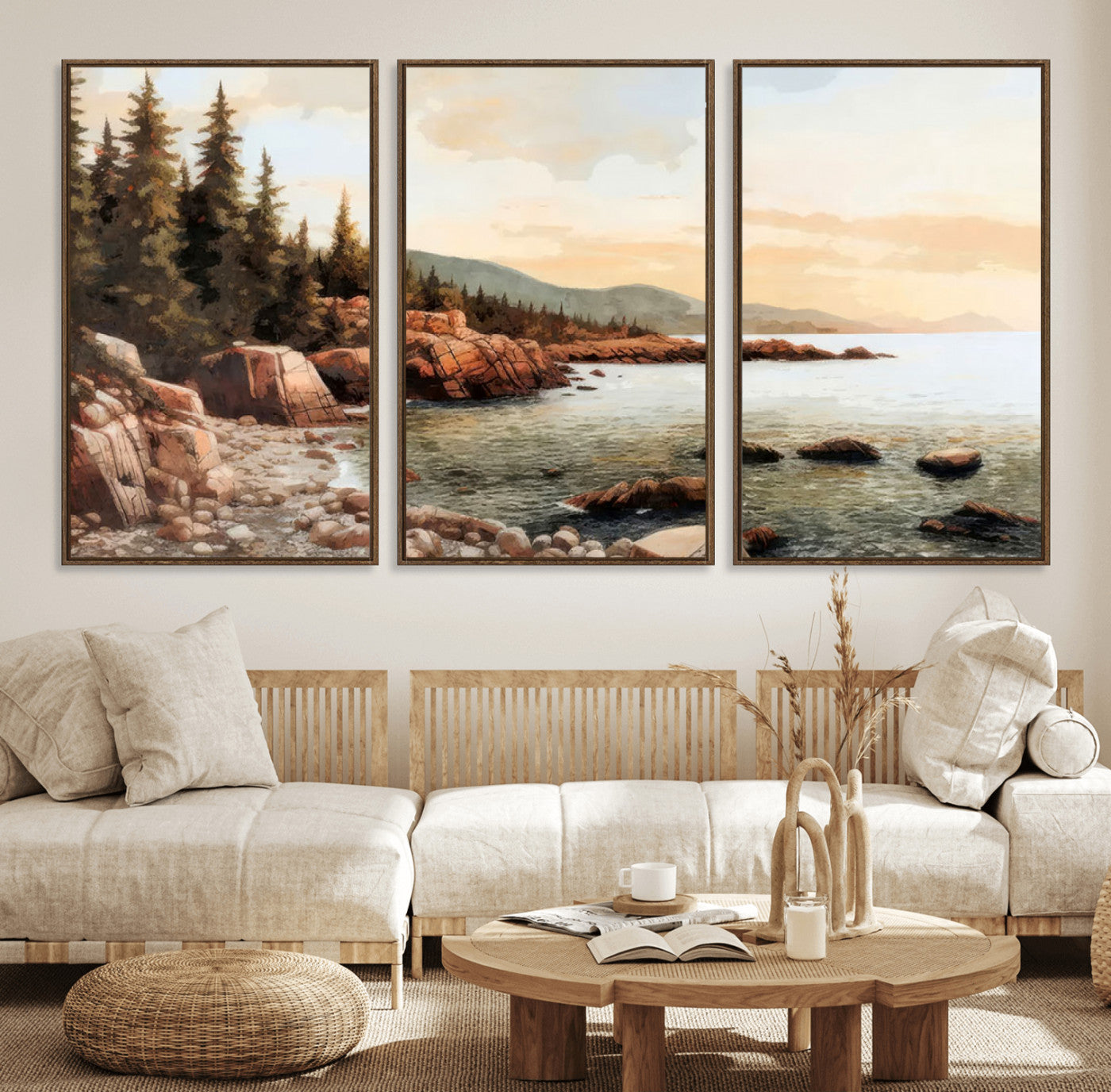 77145-MGV-CV-36X24-Coastal Landscape Wall Art – Panoramic Rocky Shoreline and Pine Trees Canvas Print, Rustic Nature Decor for Cabin, Lodge, Office,