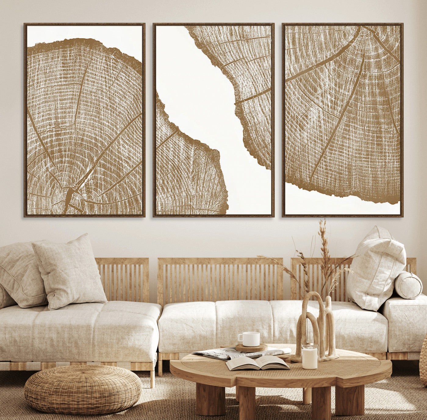 99692-MGV-FC-60X30-3P_Walnut-Tree Ring Linocut Wall Art Canvas Print, Framed Wood Cut Art Picture Print, Tree Rings Perfect Minimalist Rustic Decor Artwork