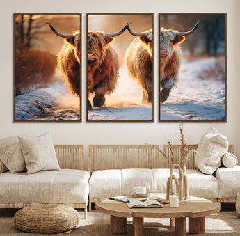 50490-MGV-CV-36X24-Highland Cow Wall Art – Rustic Panoramic Canvas Print Two Cattle Snowy Landscape, Farmhouse Country Decor for Living Room Office