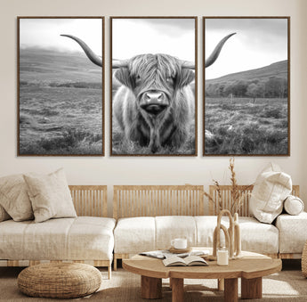 52903-MGV-CV-36X24-Highland Cow Wall Art – Black and White Canvas Print Rustic Cattle Portrait, Farmhouse Country Decor for Living Room, Office,