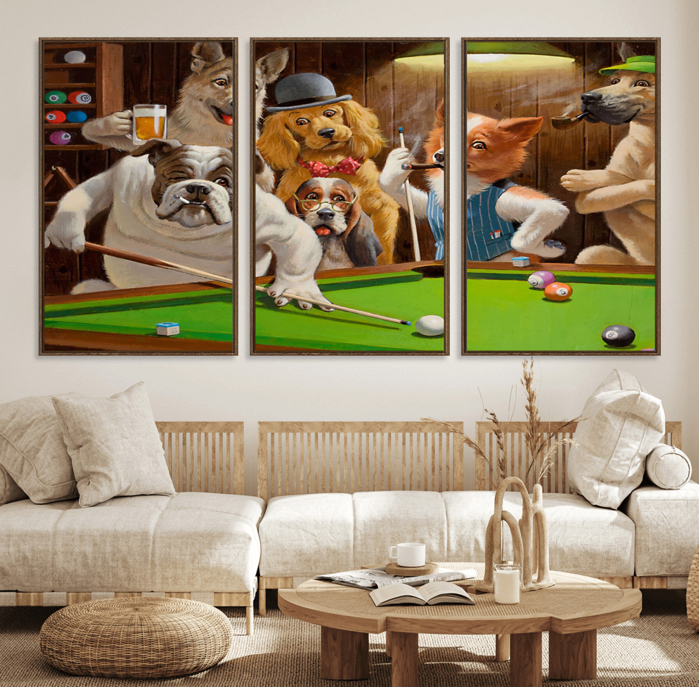 34228-MGV-FC-60X30-3P_Walnut-Dogs Playing Pool Wall Art Canvas Print, Framed Funny Dog Art Picture Print, Dog Perfect Game Room Decor Artwork