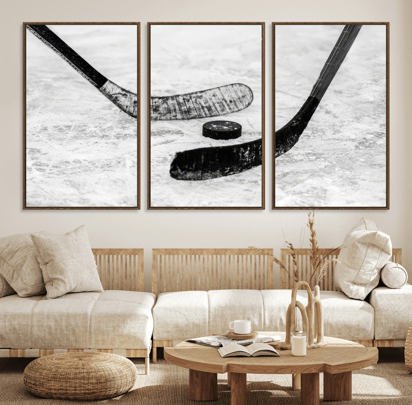 82900-MGV-FC-60X30-3P_Walnut-Hockey Wall Art – Black and White Canvas Print Ice Rink Sticks Puck Sports Photography, Modern Decor for Game Room, Man Cave,