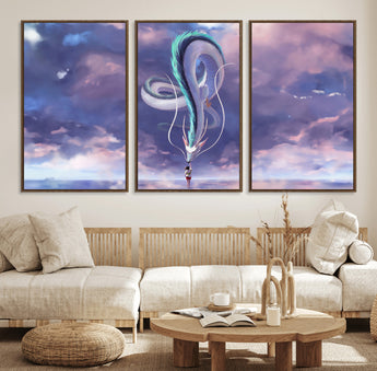 66864-MGV-CV-36X24-Fantasy Dragon Wall Art – Mystical Canvas Print Girl and Sky Serpent Dreamlike Clouds, Magical Anime Inspired Decor for Living