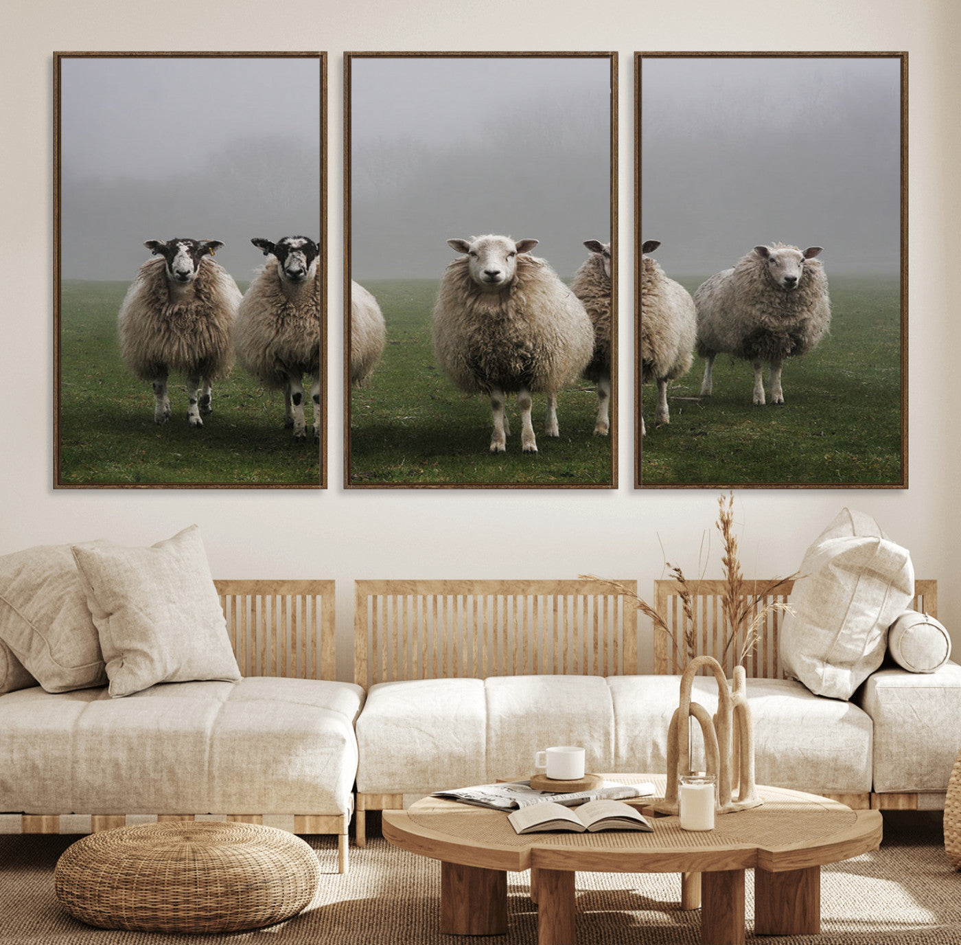 87339-MGV-CV-36X24-Sheep Wall Art – Rustic Farmhouse Canvas Print Flock Standing Misty Field Countryside Photography, Country Animal Decor for Living