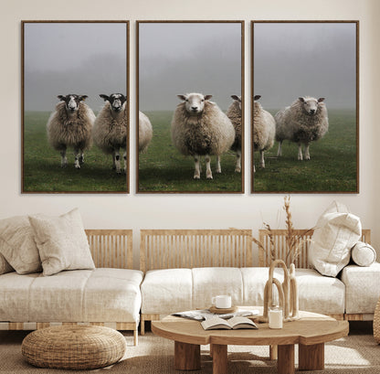 87339-MGV-CV-36X24-Sheep Wall Art – Rustic Farmhouse Canvas Print Flock Standing Misty Field Countryside Photography, Country Animal Decor for Living