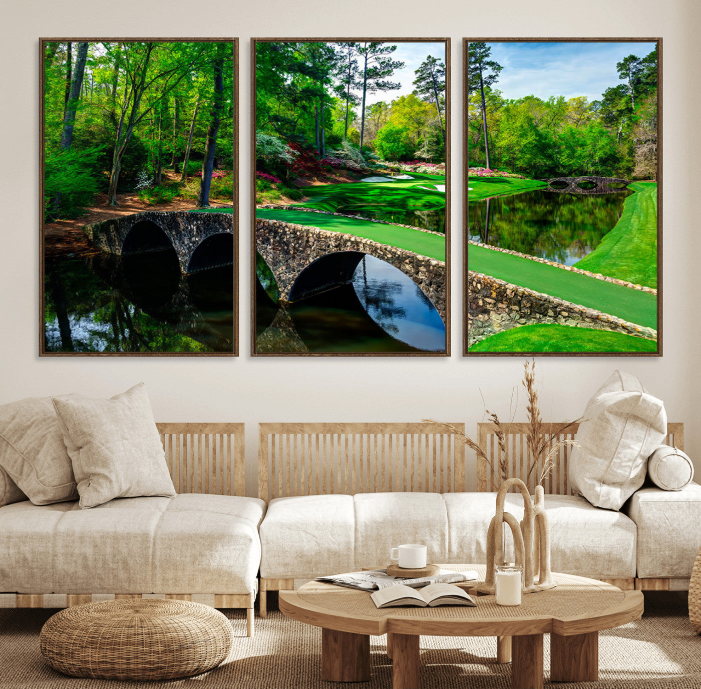 57655-MGV-FC-60X30-3P_Walnut-Golf Course Wall Art – Canvas Print Scenic Green Fairway Stone Bridge Water Reflection Landscape, Classic Sports Decor for Office,