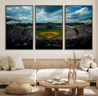 37127-MGV-FC-60X30-3P_Walnut-Kauffman Stadium Wall Art Canvas Print, Framed Kansas City Royals Field Art Picture Print, Baseball Stadium Perfect Sport Room