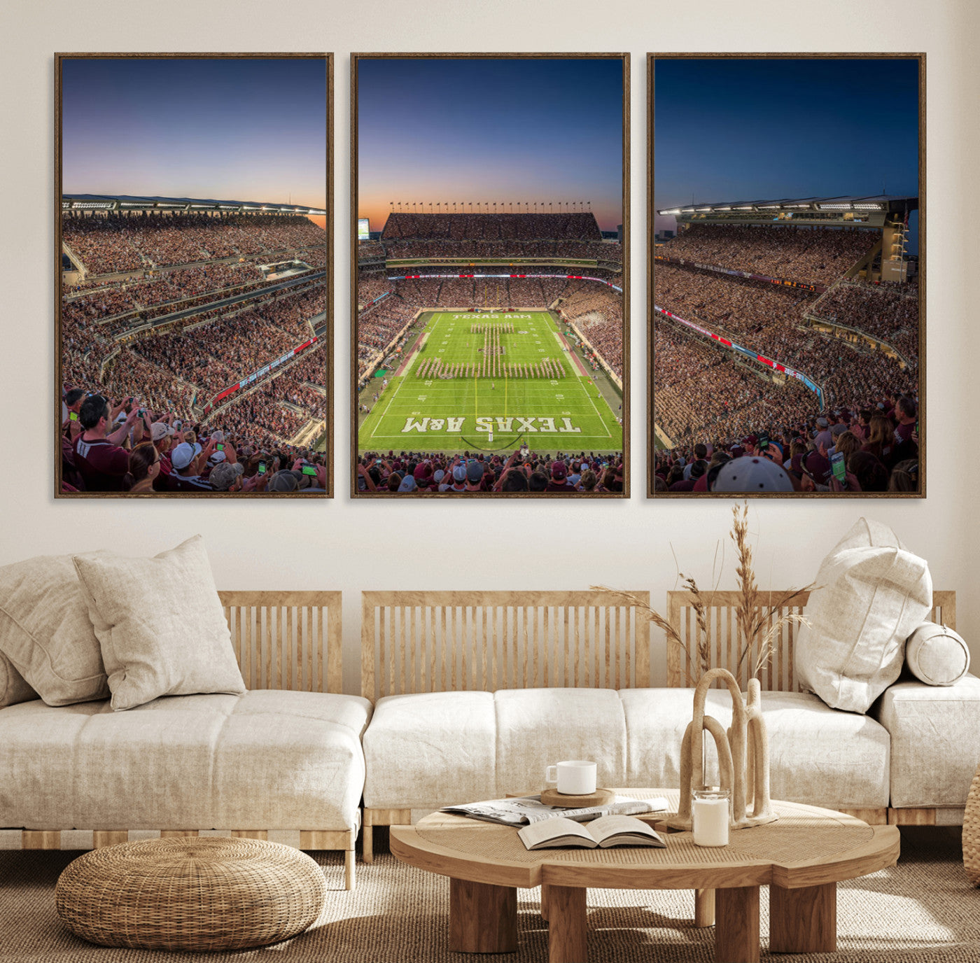 17421-MGV-FC-60X30-3P_Walnut-Kyle Field Wall Art Canvas Print, Framed Texas Stadium Art Picture Print, Kyle Field Stadium Perfect Sport Room Decor Artwork