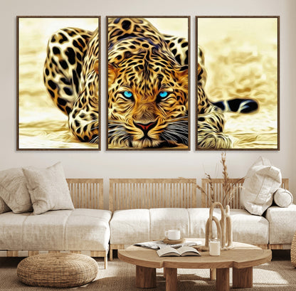 45281-MGV-FC-60X30-3P_Walnut-Blue Eye Leopard Wall Art Canvas Print, Framed Leopard Painting Art Picture Print, Big Cat Perfect Safari Wildlife Decor Artwork