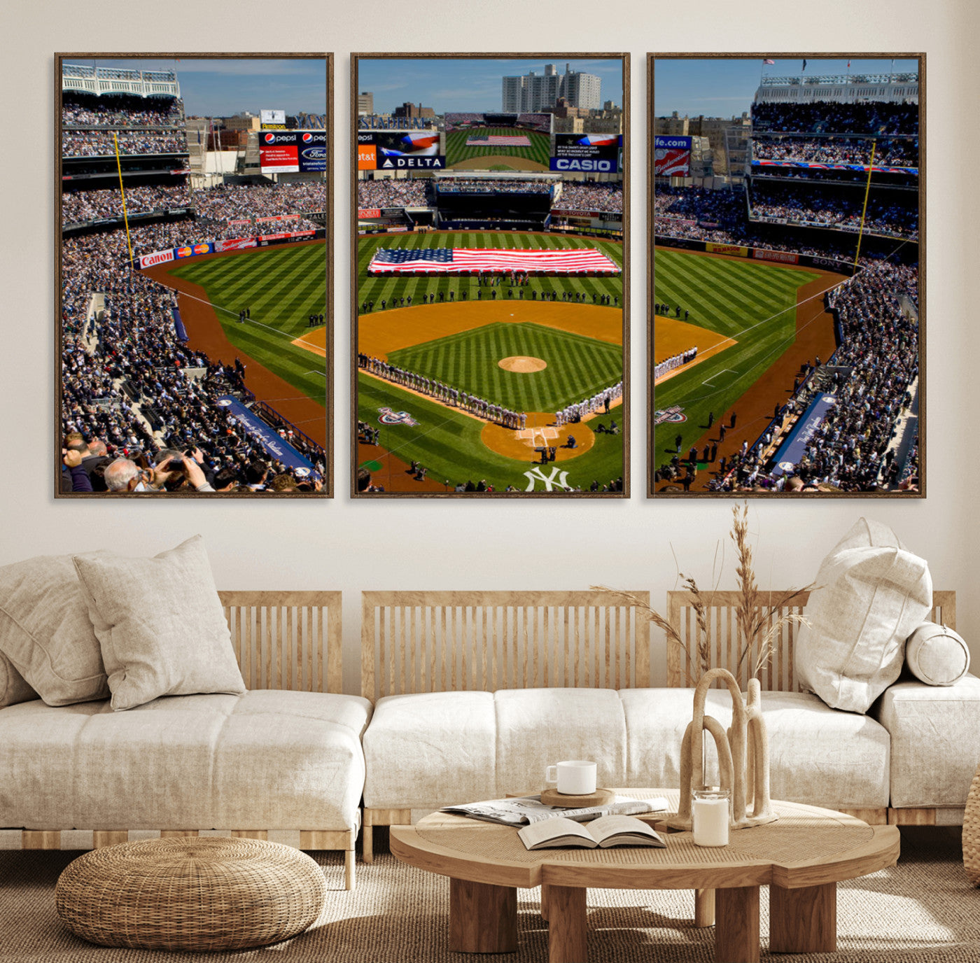 20879-MGV-FC-60X30-3P_Walnut-Yankee Stadium Wall Art Canvas Print, Framed New York Stadium Art Picture Print, Yankee Field Perfect Sport Room Decor Artwork