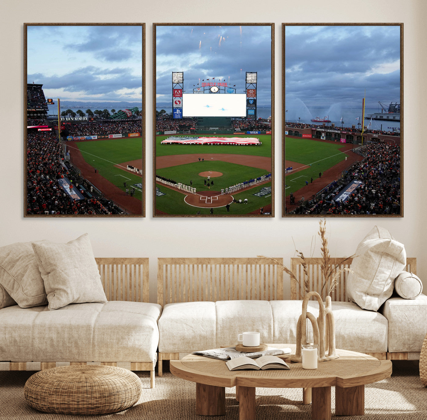 44631-MGV-FC-60X30-3P_Walnut-Oracle Park Stadium Wall Art Canvas Print, Framed San Francisco Giants Art Picture Print, Giants Stadium Field Perfect Sports Room