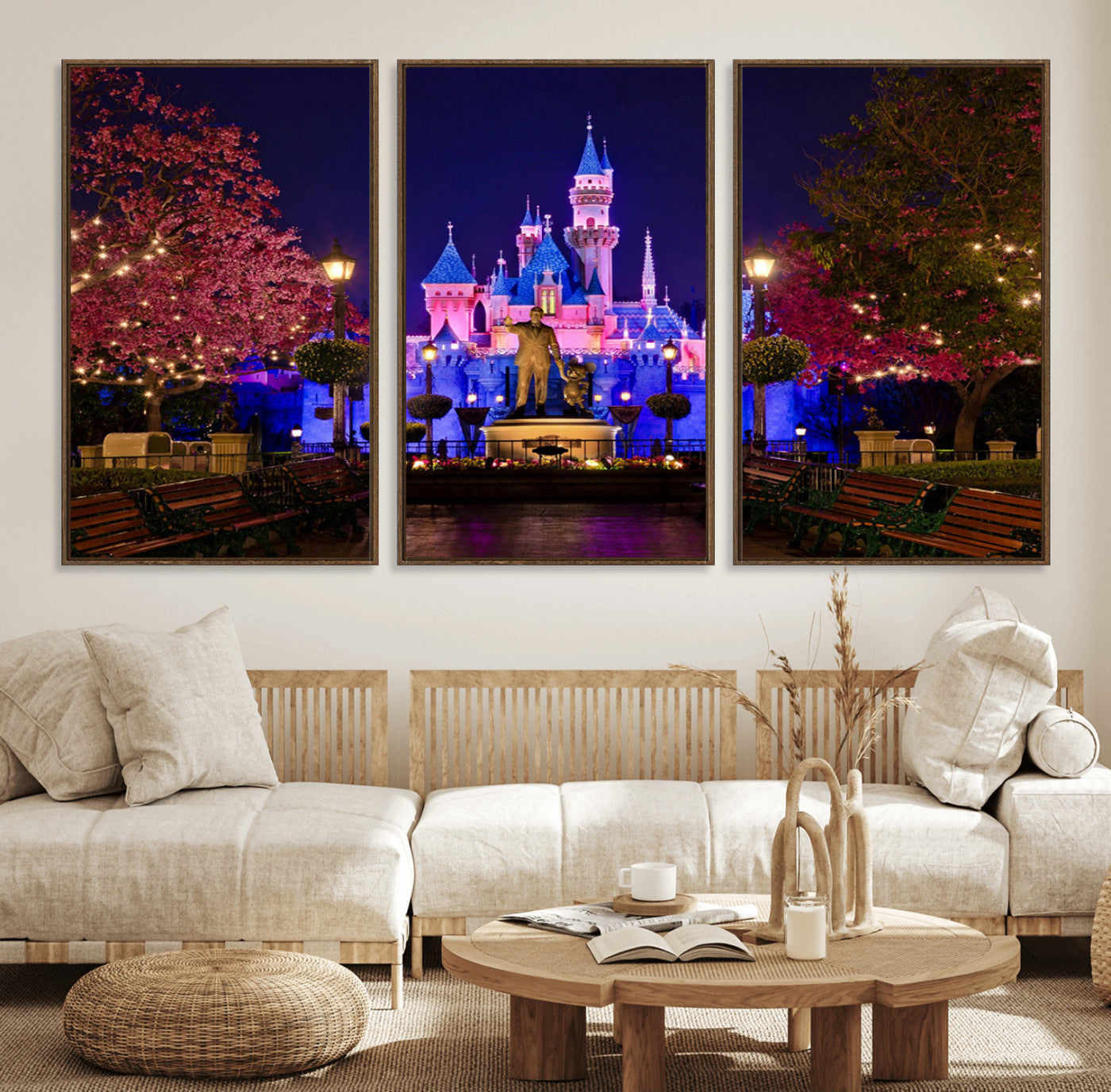 79435-MGV-FC-60X30-3P_Walnut-Disney Castle Wall Art Canvas Print, Framed Magic Kingdom Art Picture Print, Disney World Perfect Child Room Decor Artwork
