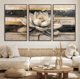 18807-MGV-FC-60X30-3P_Walnut-Lotus Flower Wall Art Canvas Print, Framed Abstract Lotus Art Picture Print, White Lotus Flower Perfect Abstract Floral Decor