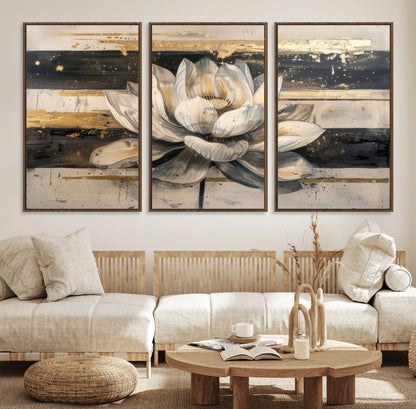 18807-MGV-FC-60X30-3P_Walnut-Lotus Flower Wall Art Canvas Print, Framed Abstract Lotus Art Picture Print, White Lotus Flower Perfect Abstract Floral Decor
