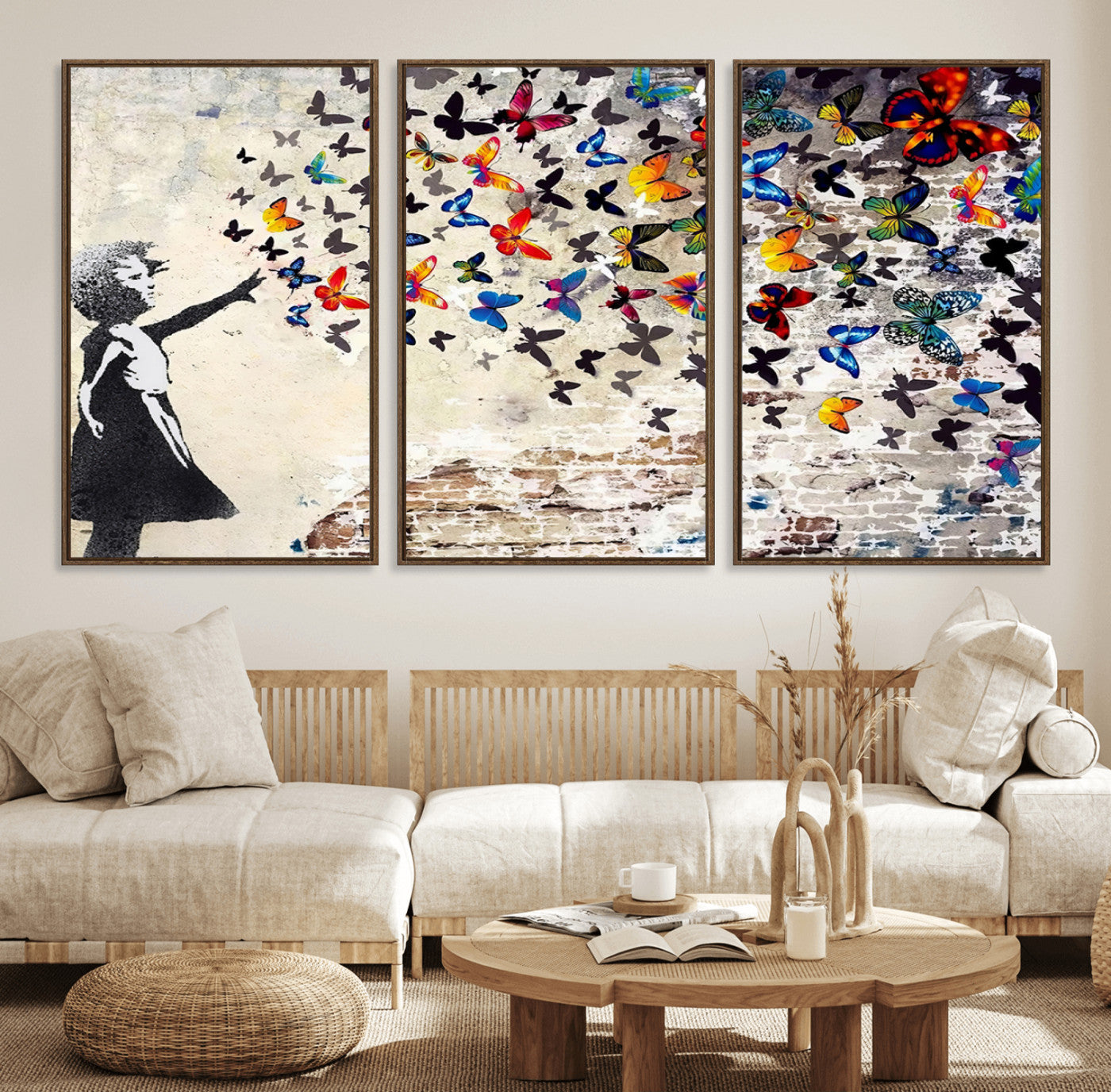 97895-MGV-FC-60X30-3P_Walnut-Girl with Butterflies Wall Art – Colorful Street Art Style Canvas Print, Modern Graffiti-Inspired Butterfly Artwork for Living