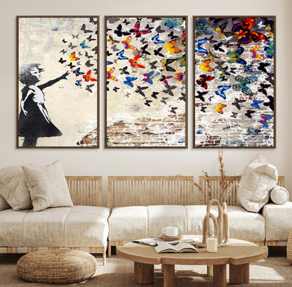 97895-MGV-FC-60X30-3P_Walnut-Girl with Butterflies Wall Art – Colorful Street Art Style Canvas Print, Modern Graffiti-Inspired Butterfly Artwork for Living