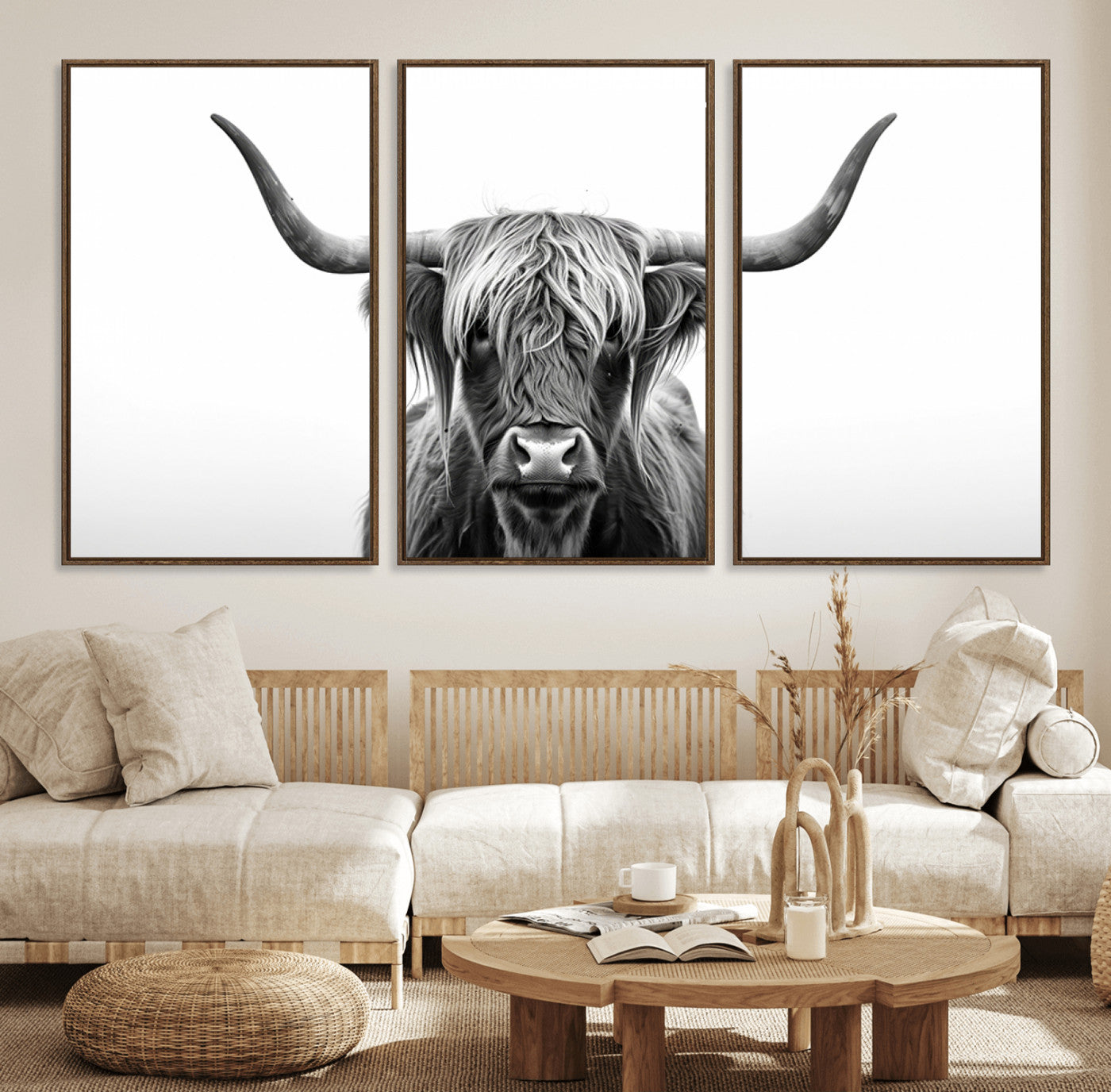 49556-MGV-FC-60X30-3P_Walnut-Highland Cow Wall Art – Black and White Scottish Highland Cattle Print, Rustic Farmhouse Minimalist Animal Portrait Canvas for